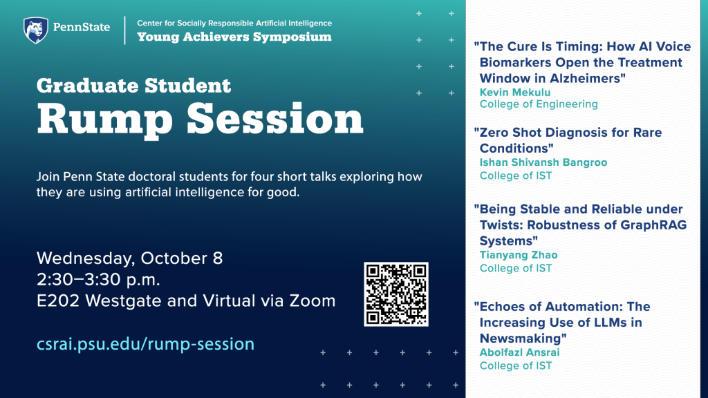 Penn State Center for Socially Responsible AI is hosting a Graduate Student Rump Session. The image shows all details for the event on Oct. 8.